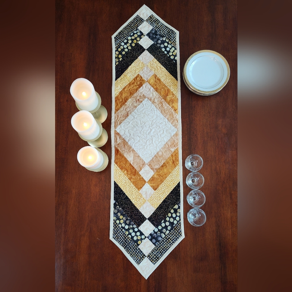 Beautiful Black & Gold! NEW HANDMADE Quilted Batik Table Runner -  12 X 46" - Picture 3 of 10